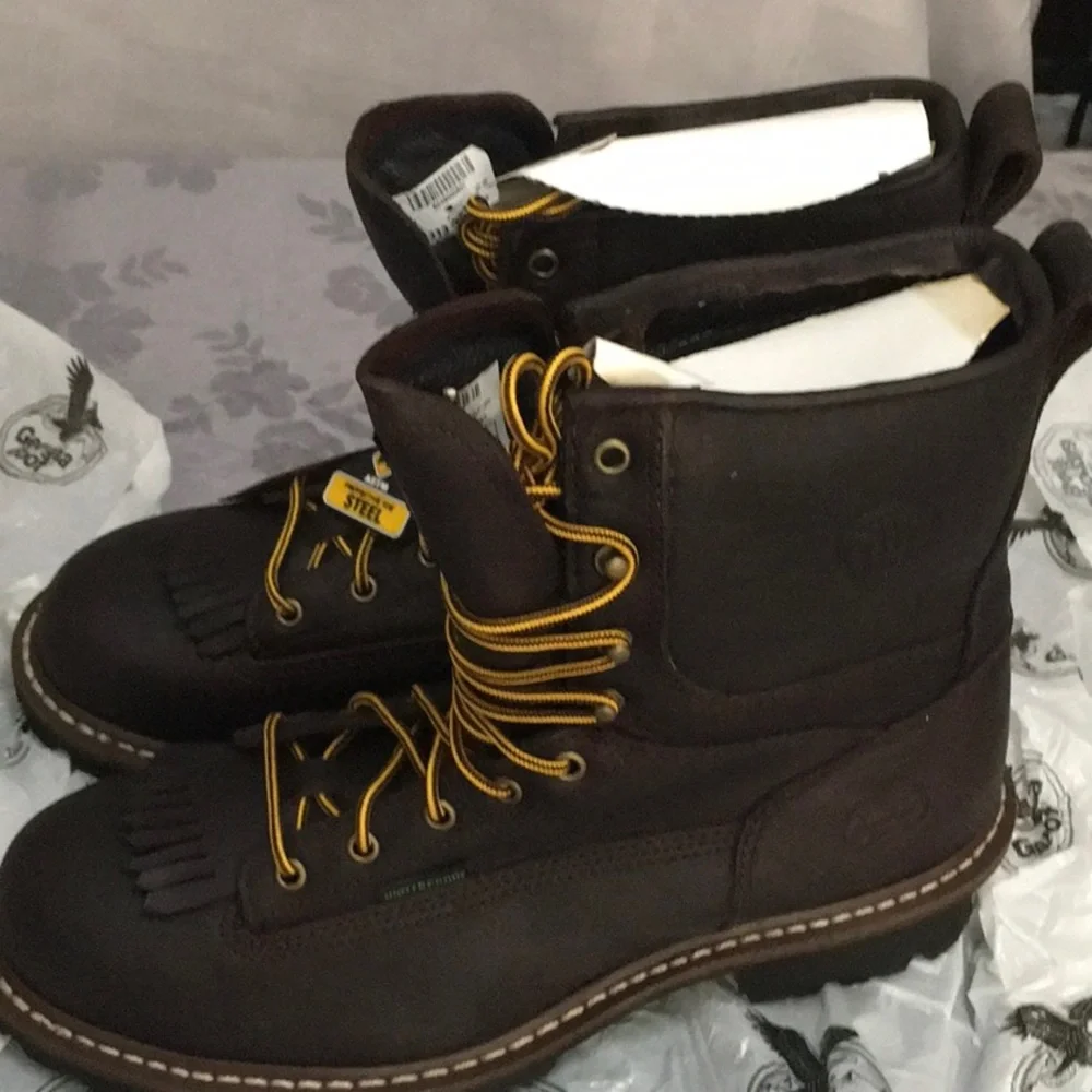 Georgia Boot Brown Work Boots with Yellow Laces